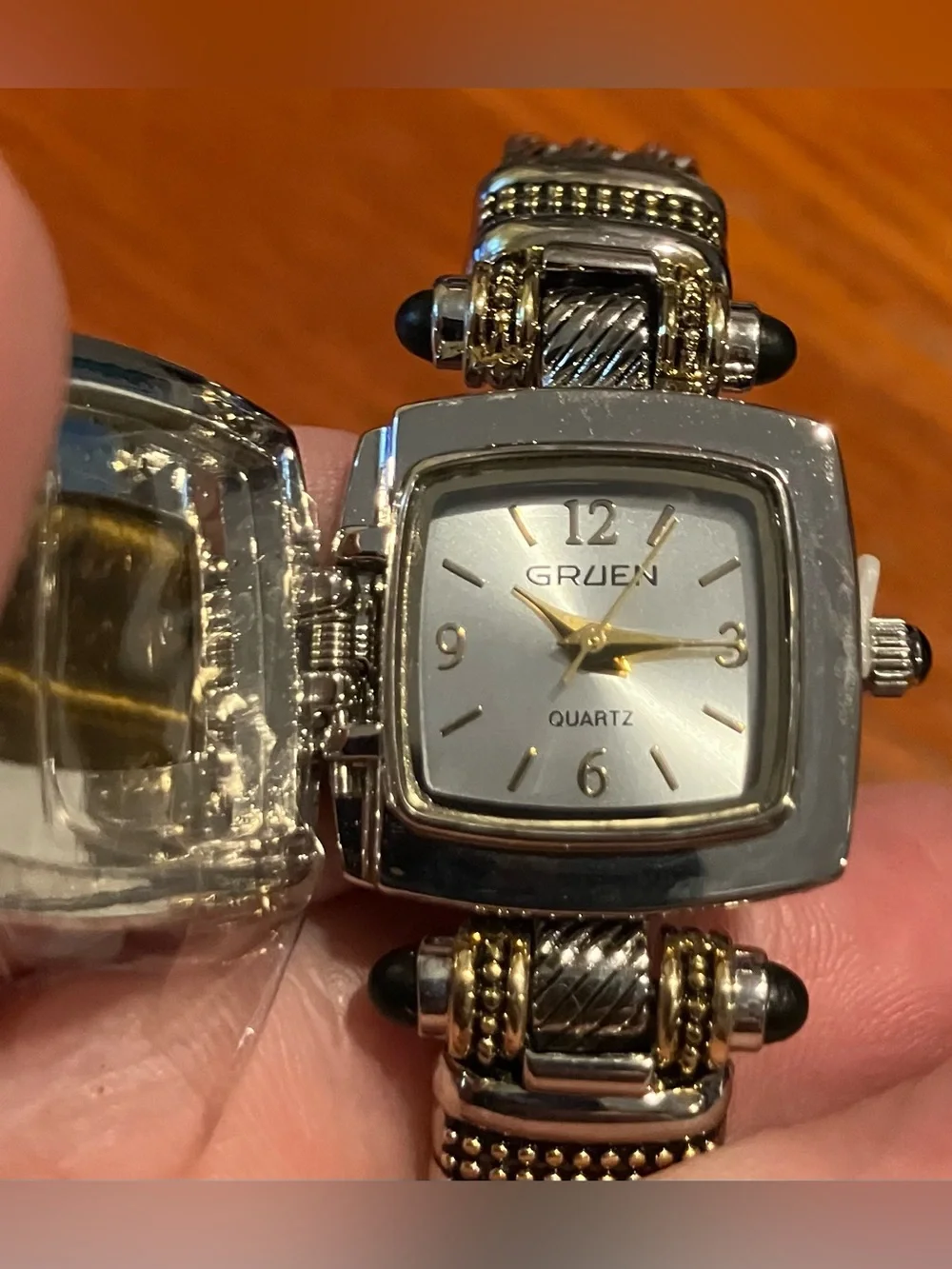 NEW Vintage Gruen Peek-A-Boo Bracelet Watch in Silver & Gold with Amber Dial
